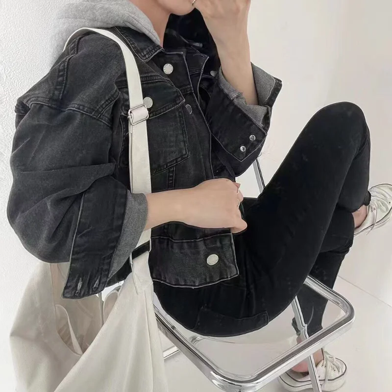 Coreano chique retro denim curto feminino único breasted removível chapéu jaqueta cardigan topo