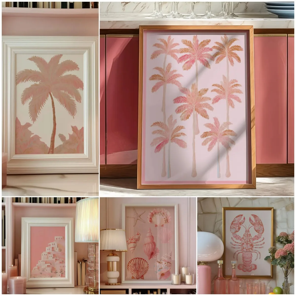 Pink Summer Beach Coconut Tree Wall Art Prints Canvas Poster Picture for Living Room Home Decor Girls Room Decoration Paintin