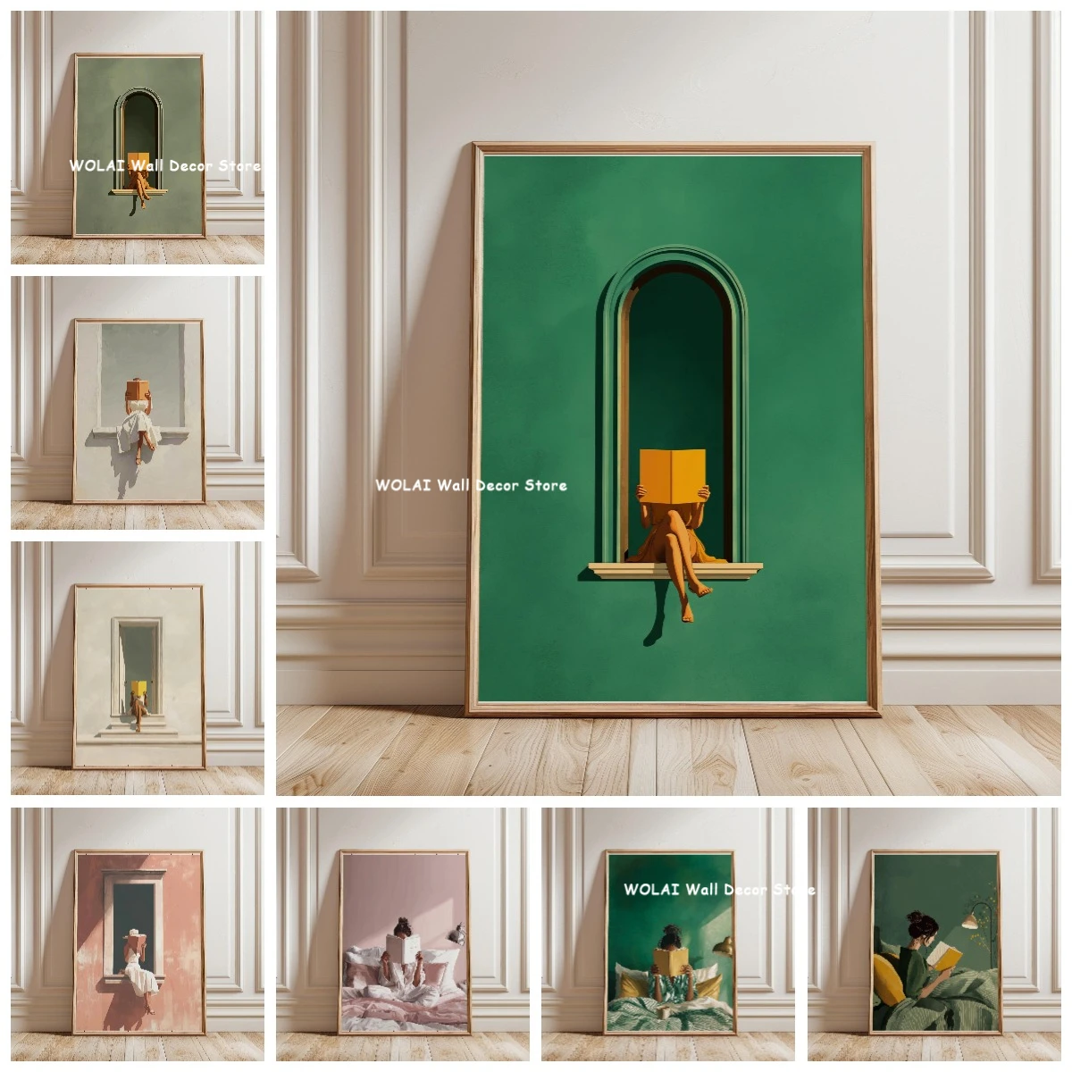 Smaragdgrüner Leinwanddruck mit Lesender Frau Leseecke Schlafzimmer Wandkunst Poster für Moderne Bibliothek Heim-Dekoration Geschenke für Buchliebhaber