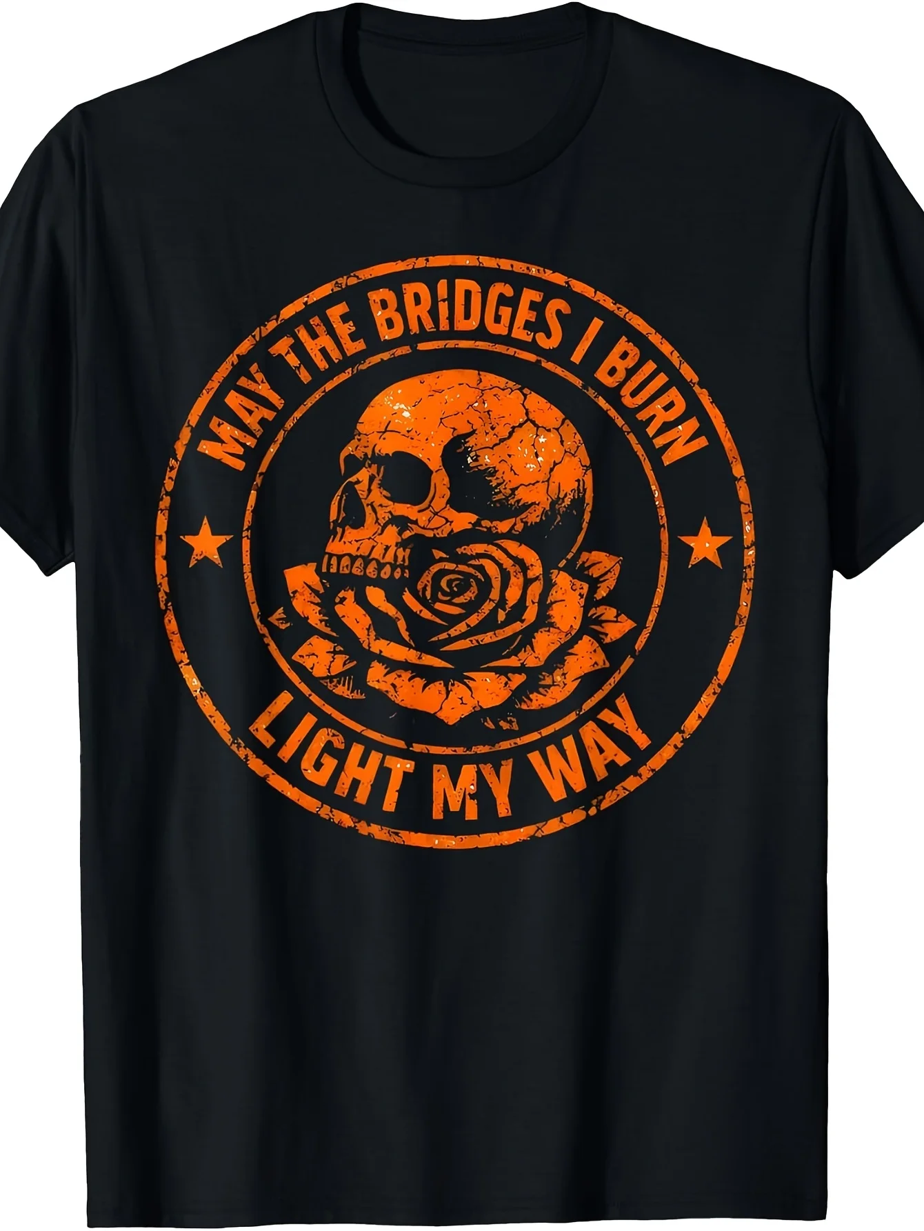 Vintage Trash Rock Goth Style T-Shirt Skull May The Bridges I Burn Light My Way Print Round Neck Regular Fit Casual Top