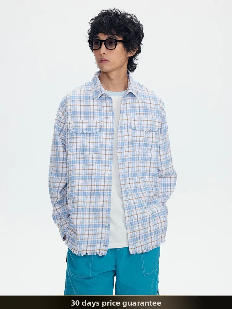 

American Retro Color Blo Plaid Long Sve Men's irt Spring Lazy Sle Couple Outerwear Cotton Youth Faion Loose Fit