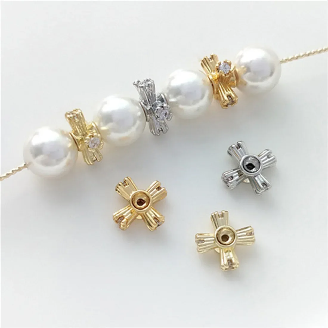 14K18K Gold Cross Zircon Beads with Four Corner Spacers DIY Pearl Bracelet Necklace Accessories C311