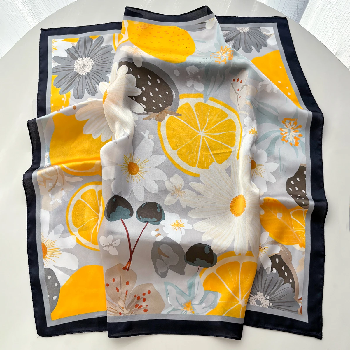 Fashion Imitation Silk Square Scarf For Women Fruit Printed Bandanas Hairband Luxury Hijab Neckerchief Elegant Shawl Wraps