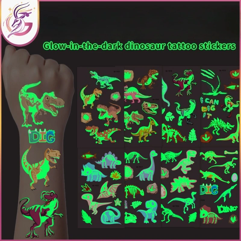 

Светящиеся в темноте татуировки с динозаврами, наклейки T-Rex, стегозавр, ископаемый дизайн, водонепроницаемые для детей, тематическая вечеринка с динозавром, незаменимый декор