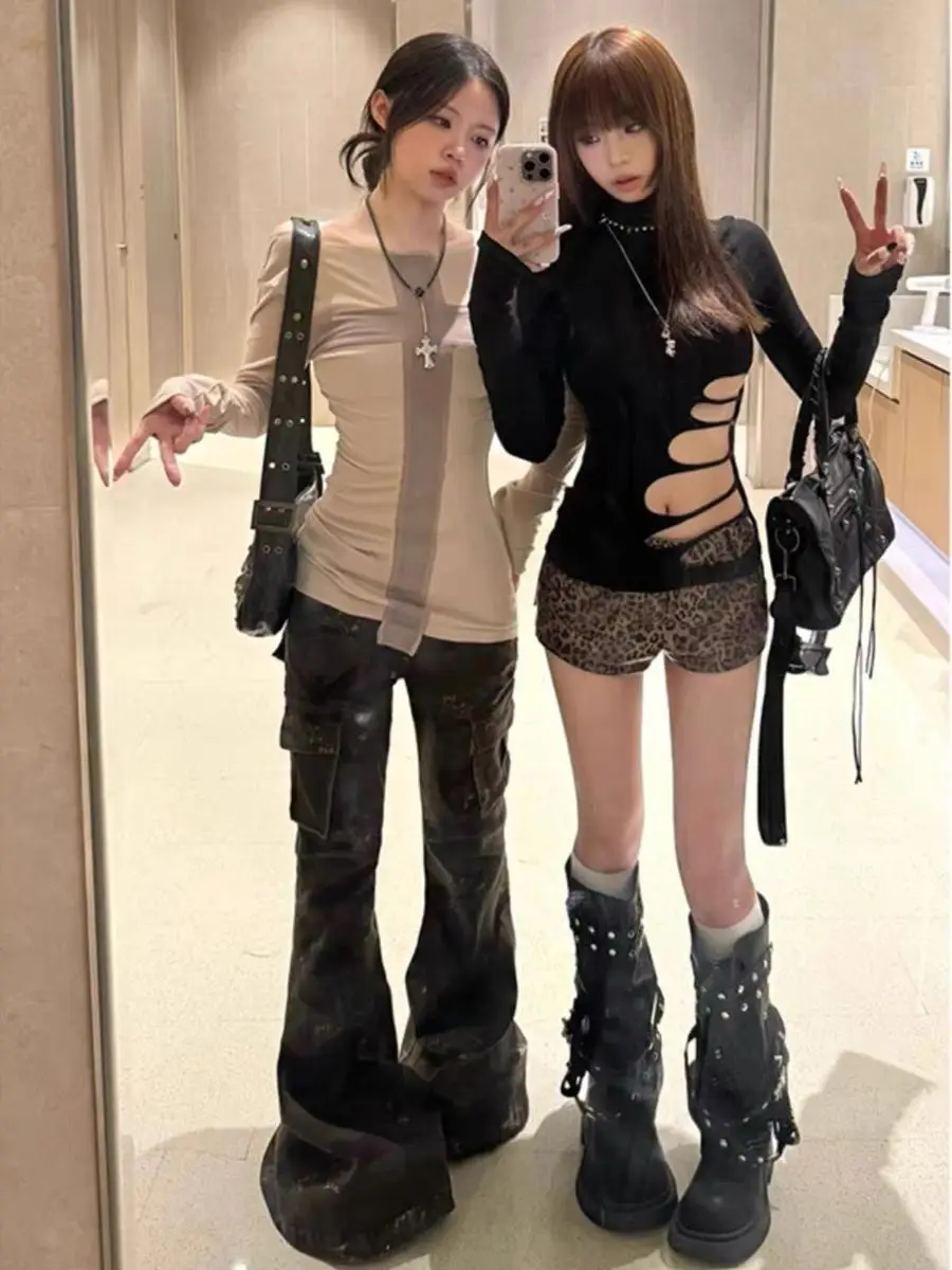 

Тонкая футболка с круглым вырезом в стиле панк, хип-хоп, пикантная девушка, с перекрестным принтом, женская модная повседневная уличная готическая футболка спереди и сзади, двусторонние футболки