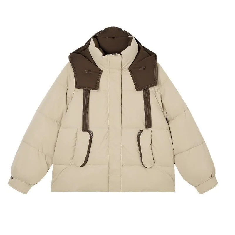 Women Cropped Puffer Jacket Hooded Contrast Trim Zip Up Quilted Loose Solid Long Sleeve Pocket Warm Coat Autumn Winter