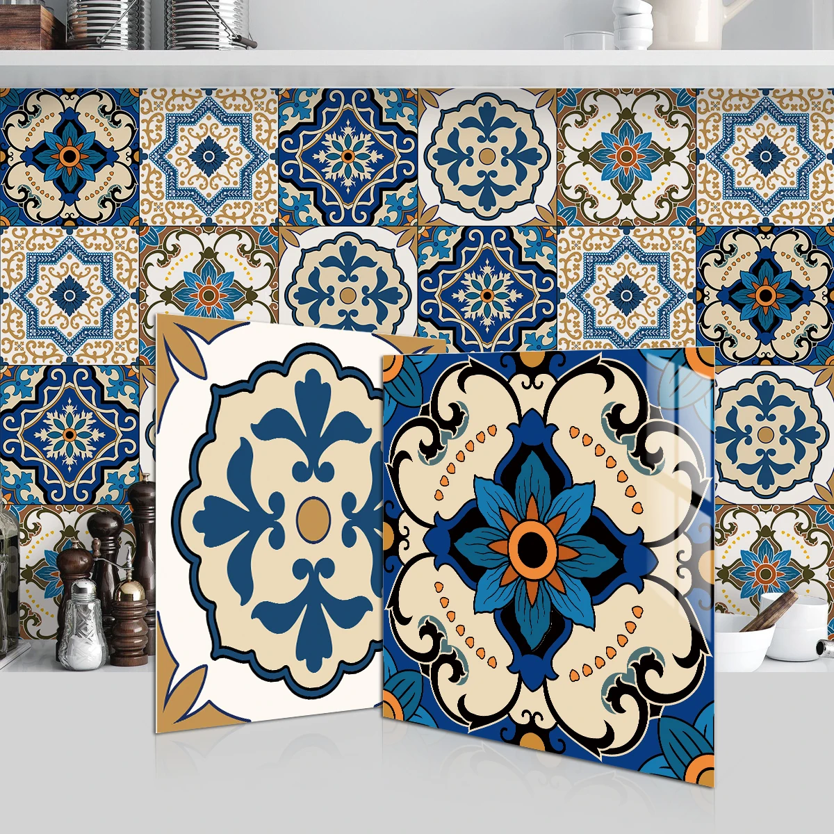 

24pcs Moroccan Wall Art Ceramic Tile Stickers pvc Kitchen Living Room Waterproof Self-Adhesive PVC Wall Stickers peel and stick