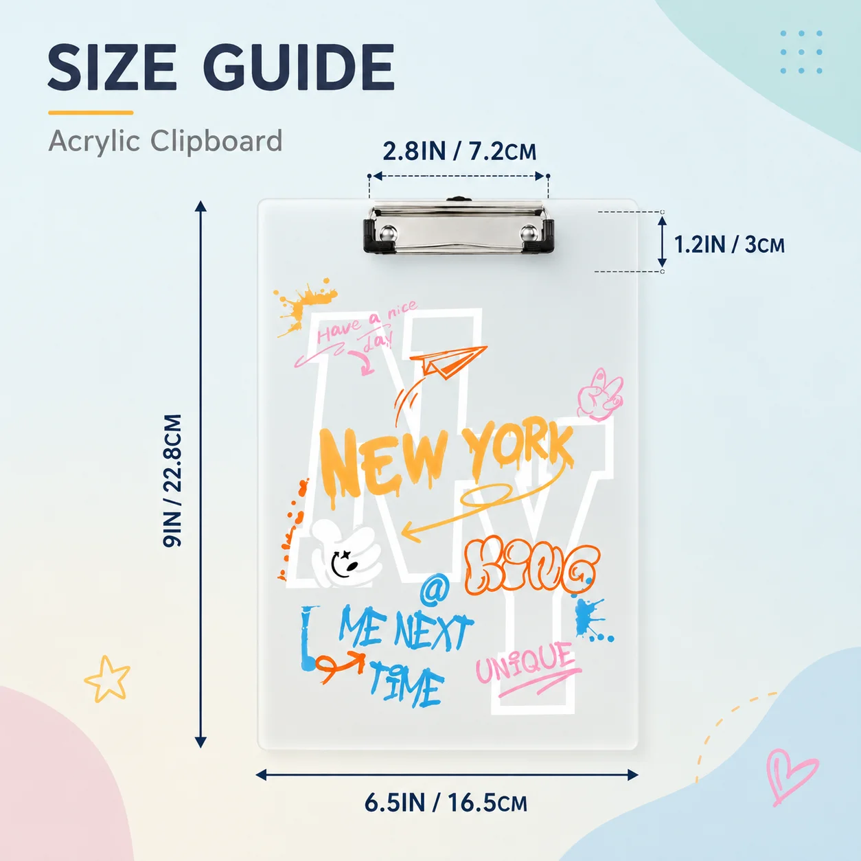 Custom Acrylic Clipboard Personalized Document Clipboard 2mm Clear Writing Board with Metal Clip for Office School Forms Records