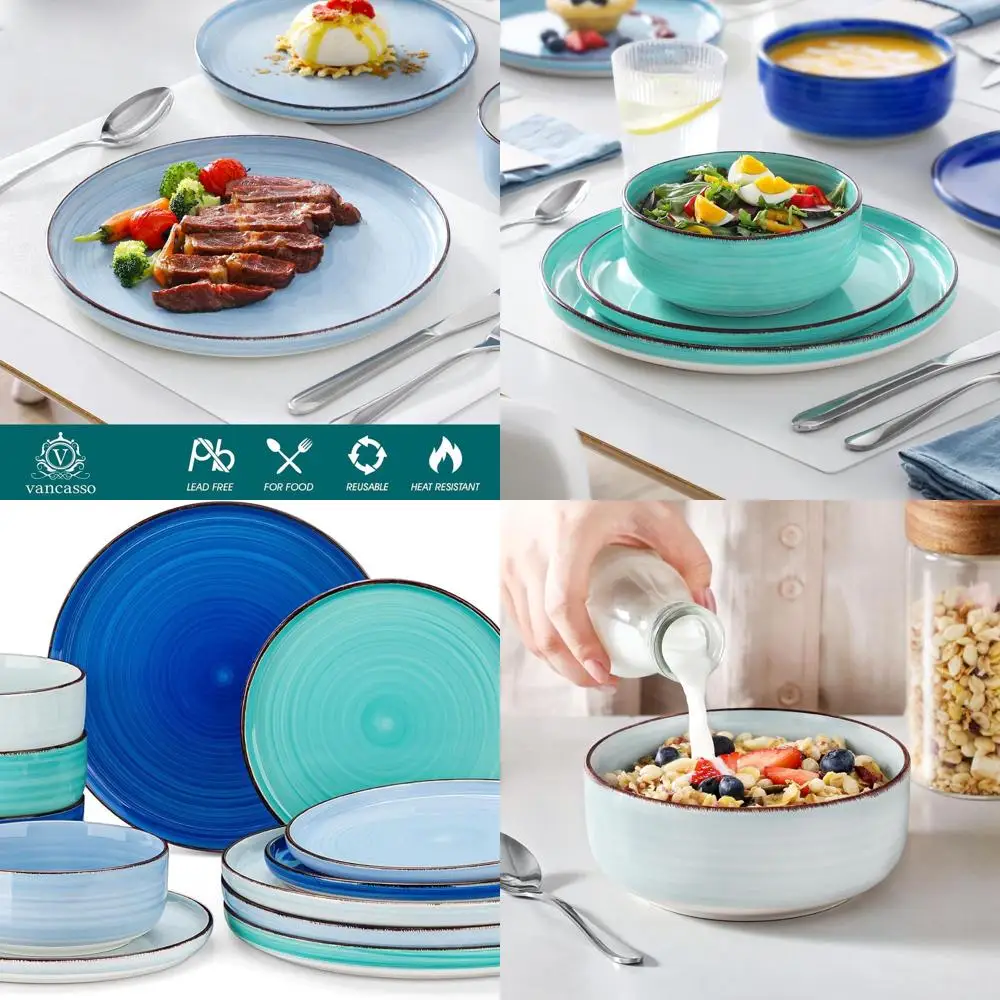 

4-Person Stoneware Dinnerware Set: 12-Piece Bonita Blue Plates & Bowls, Dishwasher and Microwave Safe