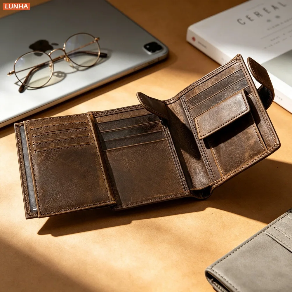 Vintage Brown Genuine Leather Bifold Wallet RFID Blocking Card Holder with 14 Card Slots Snap Button Coin Purse Cash Wallets