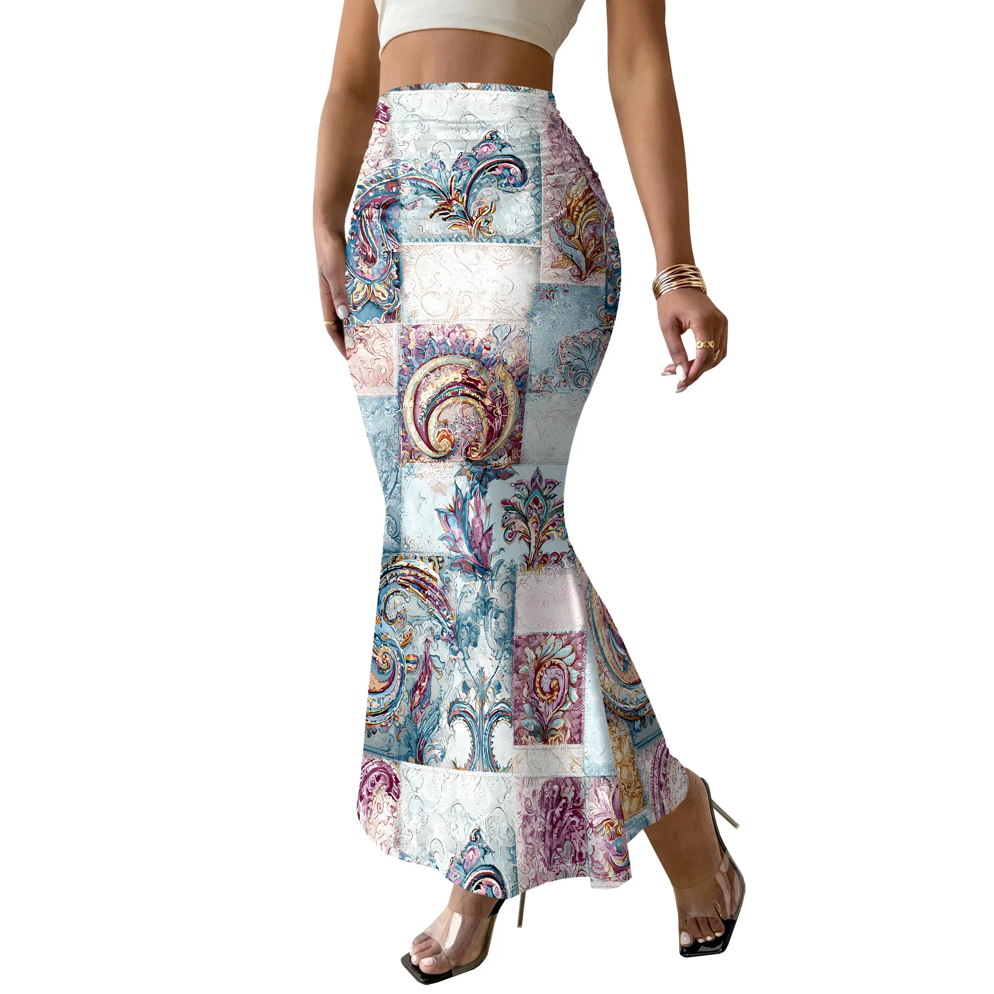 Paisley Print Skirt, Vintage Patchwork Mermaid Skirt, Boho Long Skirt, Summer Beach Wear, S-2XL