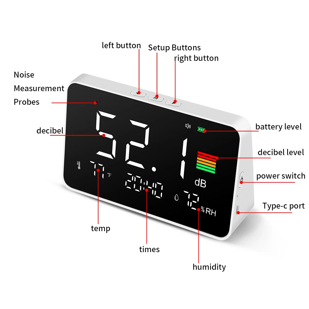 Fonometro digitale con ampio schermo LCD Misuratore di rumore da tavolo Sonometro Fonometro Decibelimetro 30-130dB Misuratore di decibel