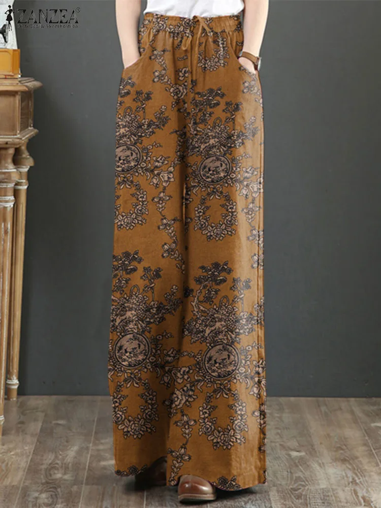 

Bohemian Floral Printed Pants 2024 ZANZEA Vintage Women Wide Leg Trousers Retro Elastic Waist Pantalon Casual Loose Long Palazzo