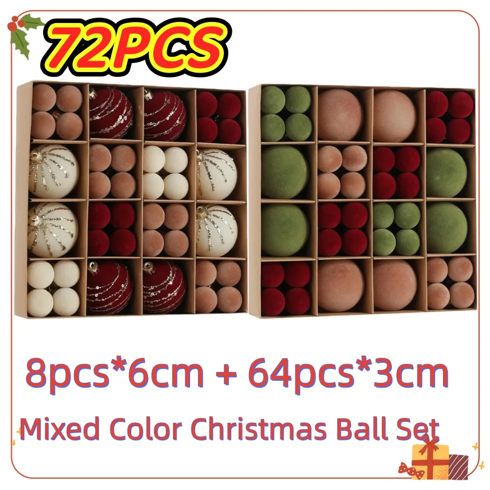 3/6CM 72pcs Mixed Color Plastic Flocked Christmas Ball Set,Colorful Hanging Balls,Christmas Tree Ornament,Xmas Decor Round Balls