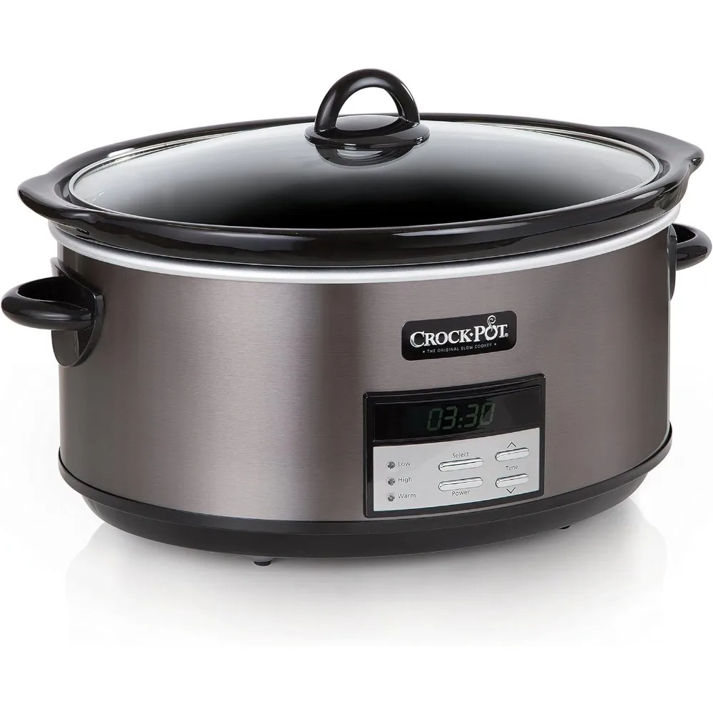 Fogão lento programável com ajuste automático quente, grande 8-Quart, aço inoxidável preto, inclui Cookbook