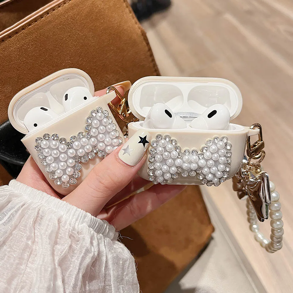 Luxury 3D Pearl Diamond Bow knot Earphone Case For Apple Airpods 1 2 3 Silicone Cases For Airpod Pro 2 with Bracelet Beads Chain