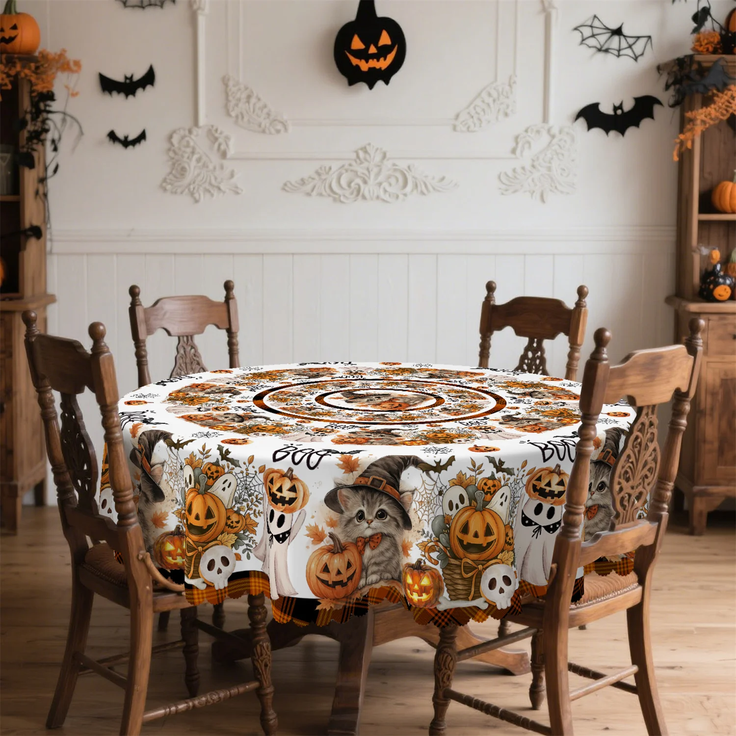 Pumpkin lantern, ghost cat, wizard hat, Halloween tablecloth - 1 pack, suitable for indoor and outdoor usezyc