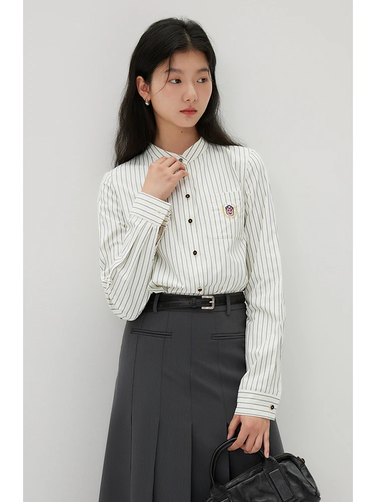 ZIQIAO Detachable Lace-up Commuting College Style Striped Shirt for Women 2024 Spring Niche Design Casual Top Shirts Female