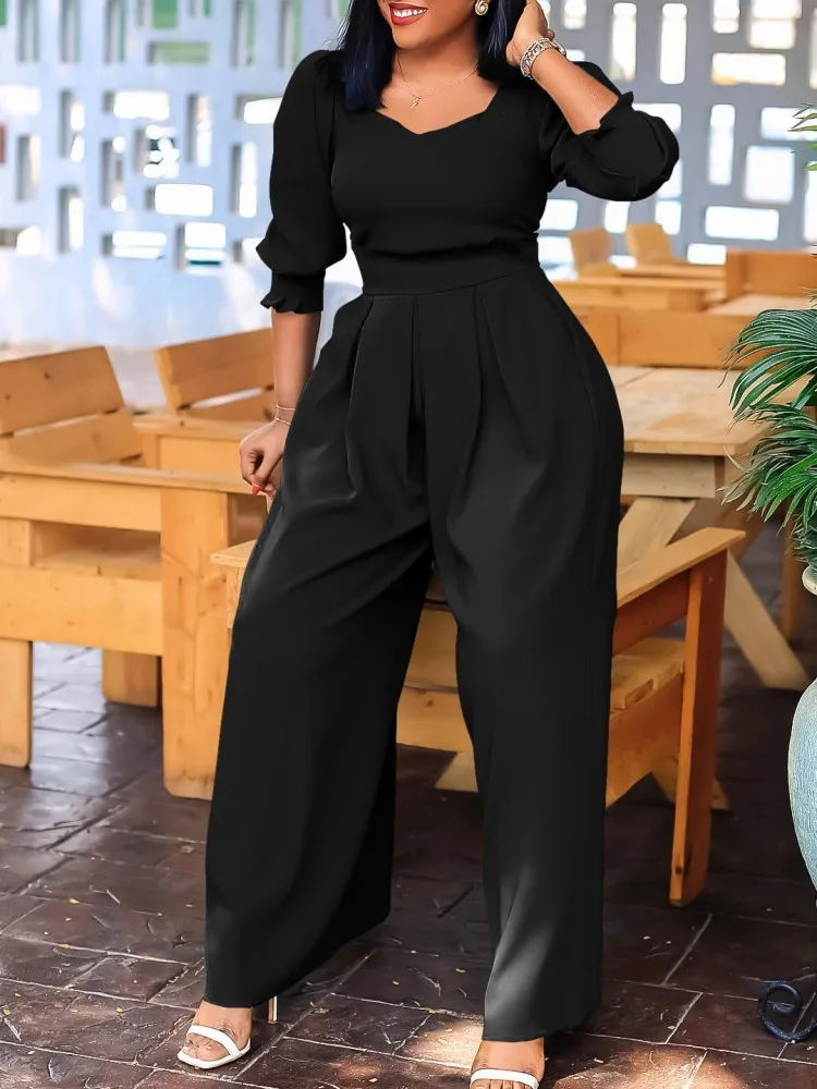 Overall Jumpsuit Women Autumn 3/4 Sleeve Solid Color Loose Wide Leg Straight African Jumpsuit Elegant One Piece Outfits Romper