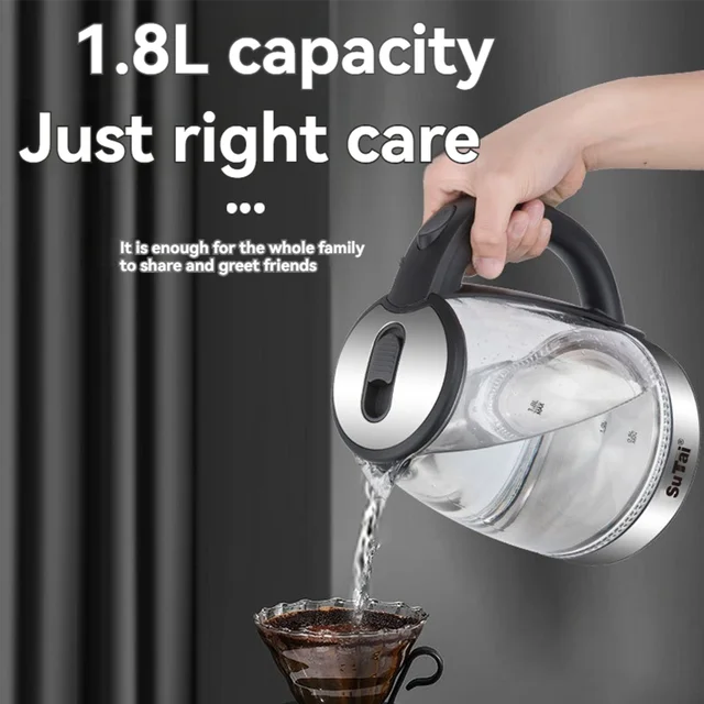 1.8L Electric Water Kettle - 1000W Fast Boil, Clear Borosilicate Glass, Stainless Steel, Filter Spout, Anti-Scald Handle, LED Blue Light, Large Capacity for Family Use 5 1.8L Electric Water Kettle - 1000W Fast Boil, Clear Borosilicate Glass, Stainless Steel, Filter Spout, Anti-Scald Handle, LED Blue Light, Large Capacity for Family Use 5