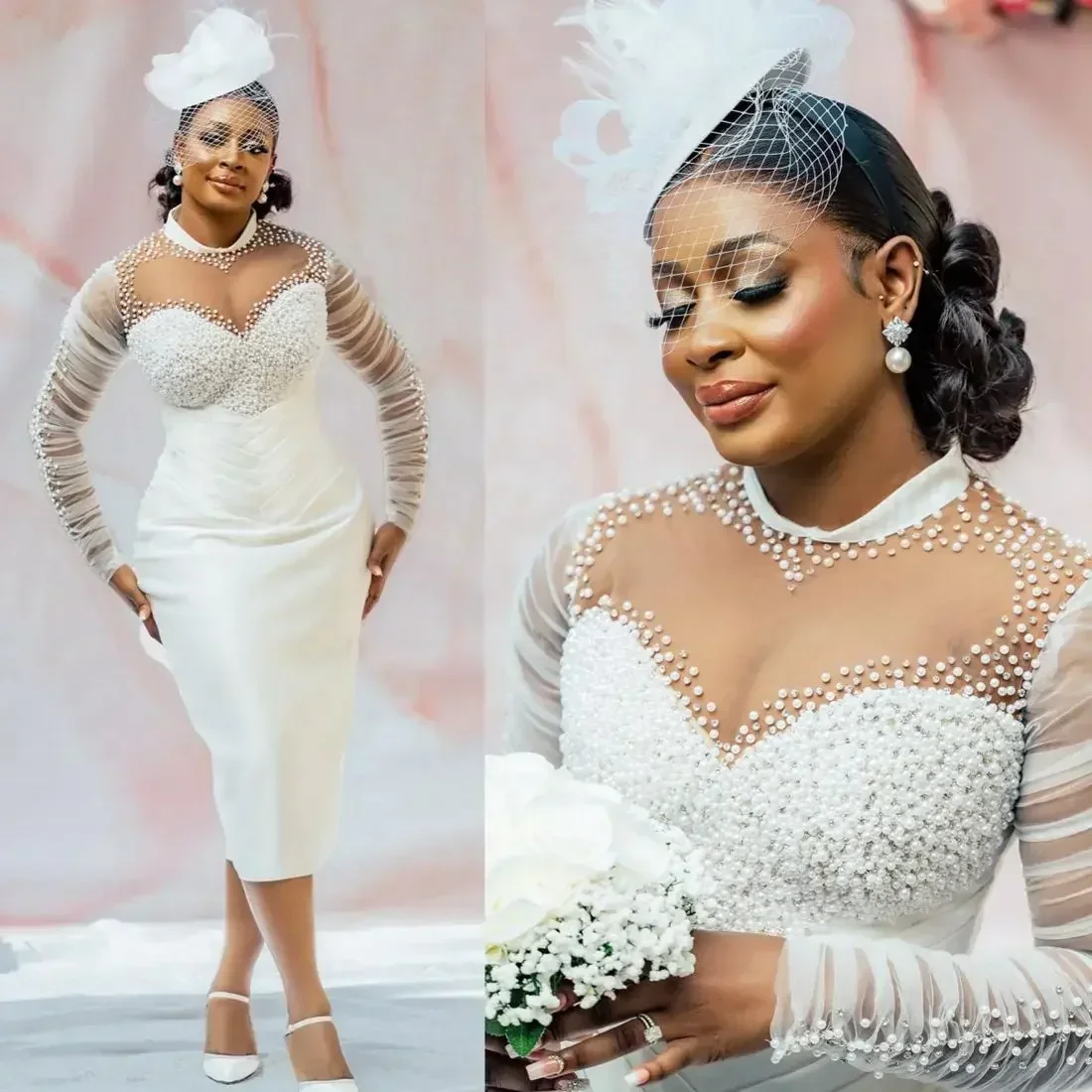 Customized African Short Wedding Dress For Bride Bridal Gowns Illusion High Neck Long Sleeves Beaded Pearls Lace Satin Bride