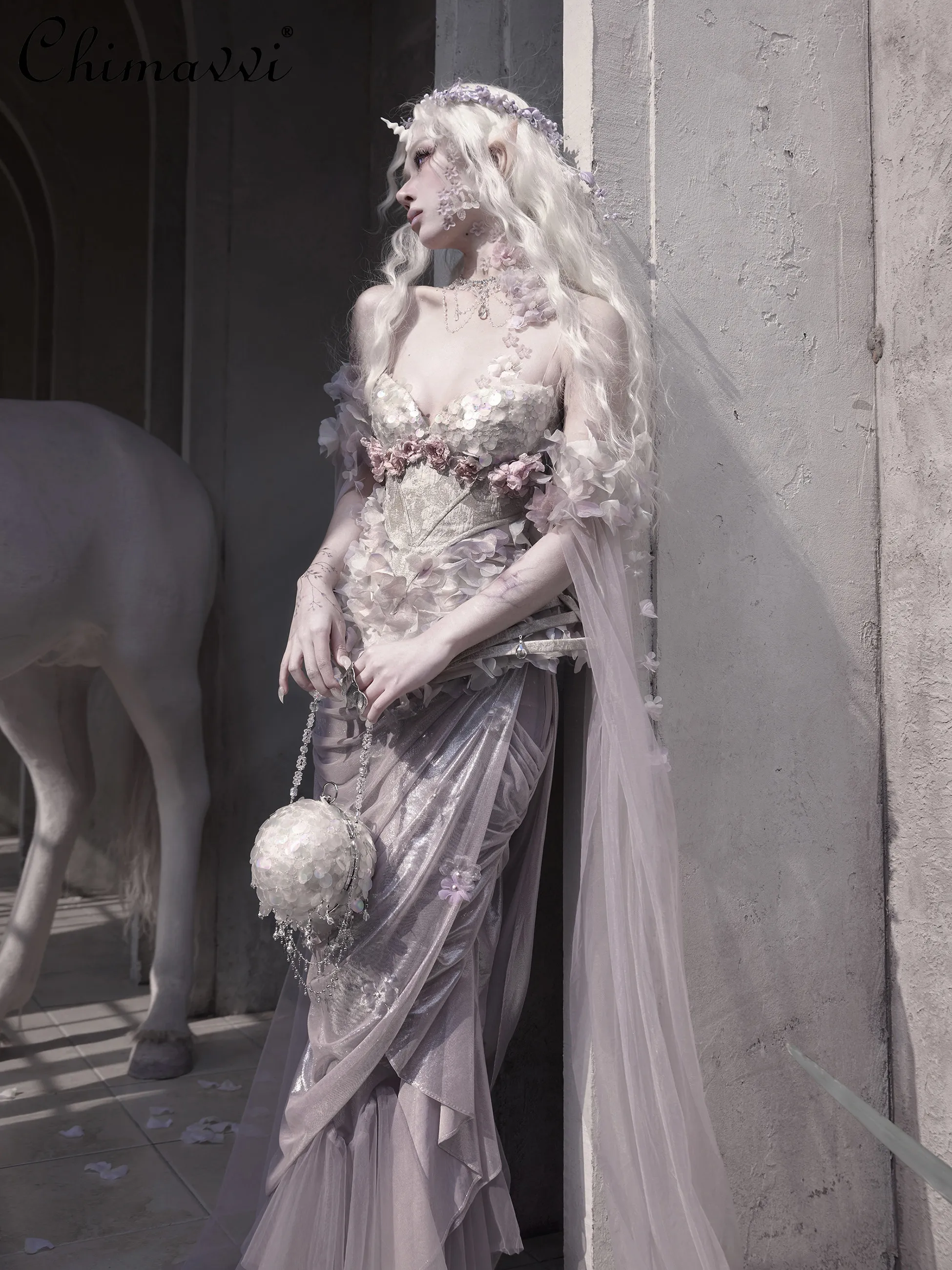 

Original Fairy Princess Style Silver-embellished Fishtail Skirt High-end Floral Corset Top 2026 Spring Summer Womens Cos Outfits