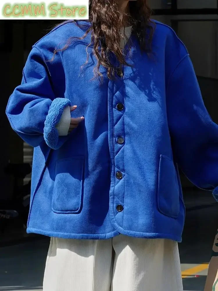 Blue Both Side Wear Big Size Warm Cotton-padded Jacket New V-neck Long Sleeve Women Coat Fashion Autumn Winter