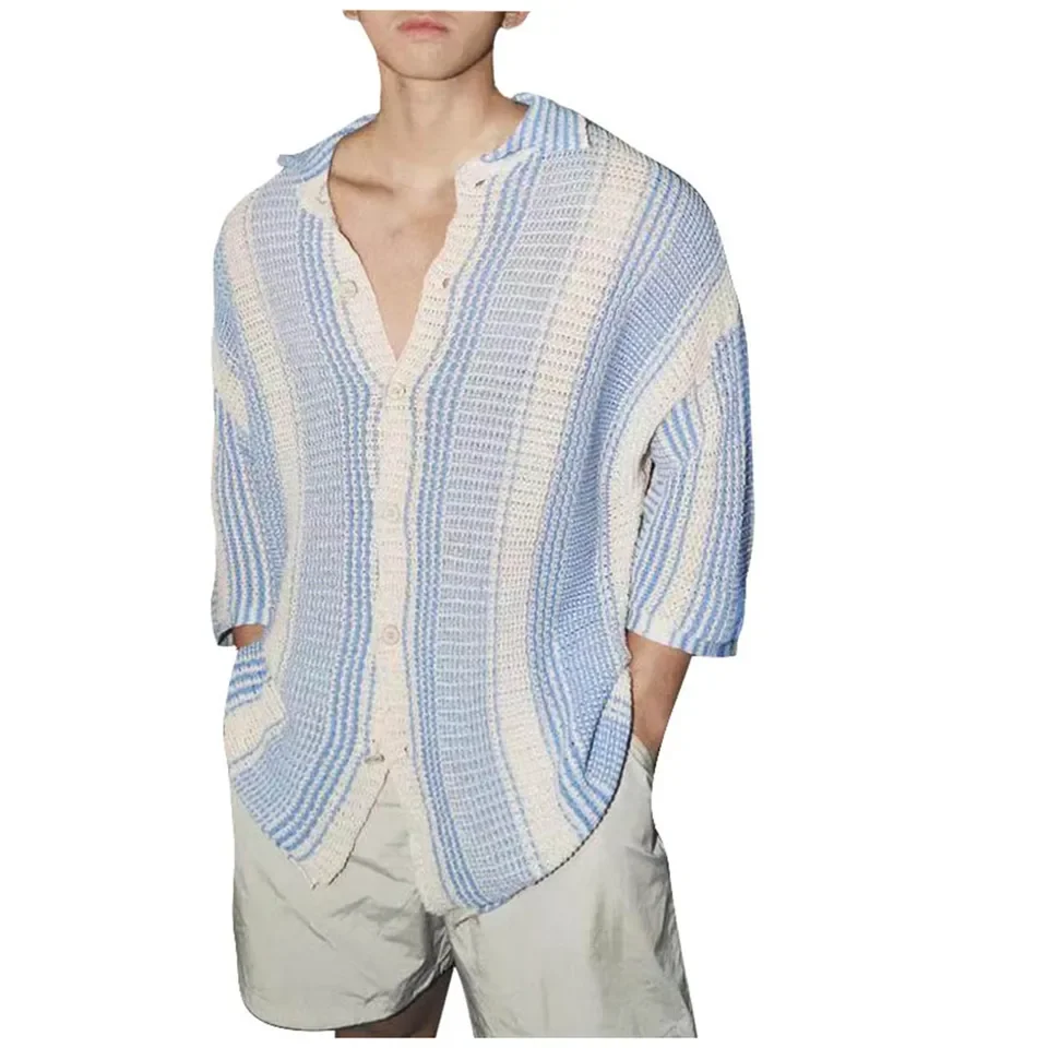 Summer Clothing Men'S Luxury Hollow Out Knitted Short Sleeve Polo Shirt Leisure Striped Button-Down Shirts Breathable Knitwear