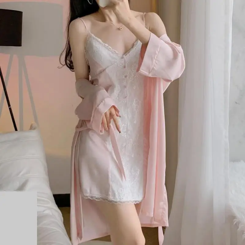 Pink Womens Leepwear Bathrobe Gown Set Sexy Lace Kimono Robe Sleep Suit Loungewear Sleepwear Nightdress Lady Rayon Home Clothes