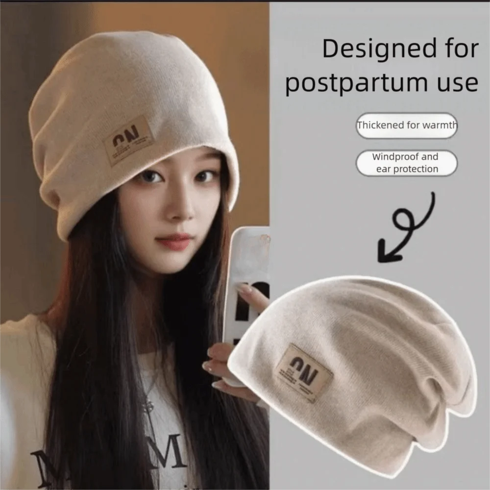 Soft Thickened Fleece Knit Beanies Korean Style Baggy Letter Pullover Hats High…