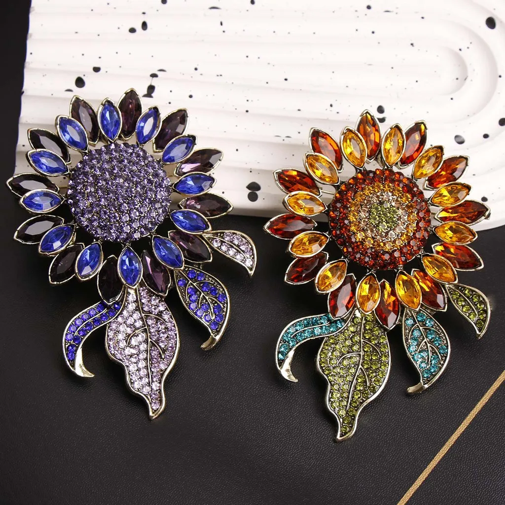Vintage Strass Girassol Exagerado Broches Emblemas Para Mulheres Homens Retro Design Clássico Acessórios De Cristal Pino
