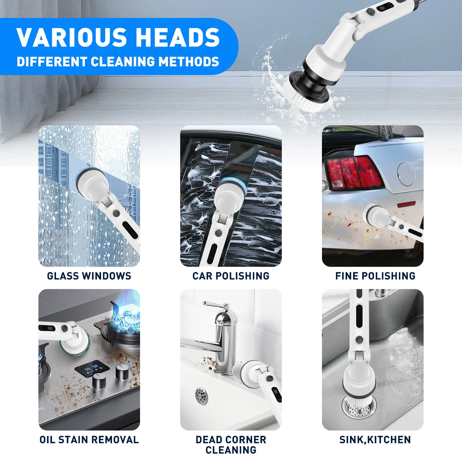 Replaceable Cleaner Heads Adjustable Extension Arm Multifunctional Bathroom Electric Rotating Cleaning Brush Spin Scrubber