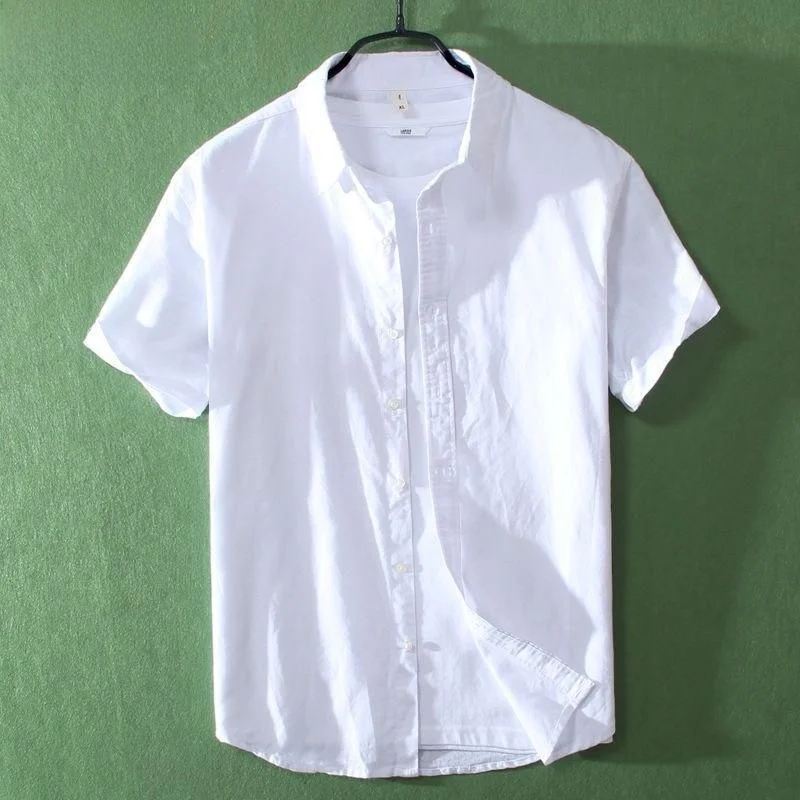 

Summer Cotton Linen Short Sleeve Men's Shirt Casual Youth Office White Linen Material Shirt V-neck Breathable Thin Regular Fit