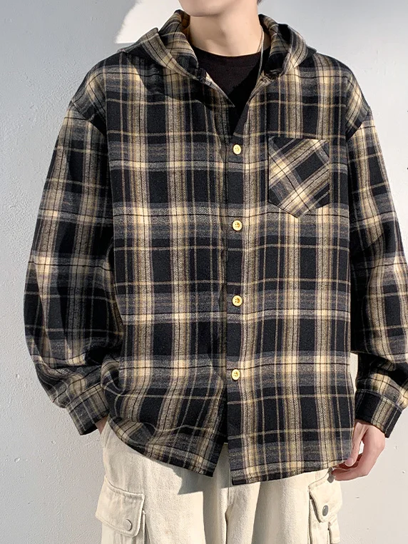 Retro Plaid Long Sleeve Hooded Shirt Jacket Casual Men's Autumn Spring Fashion Student Loose Fit Button up Top