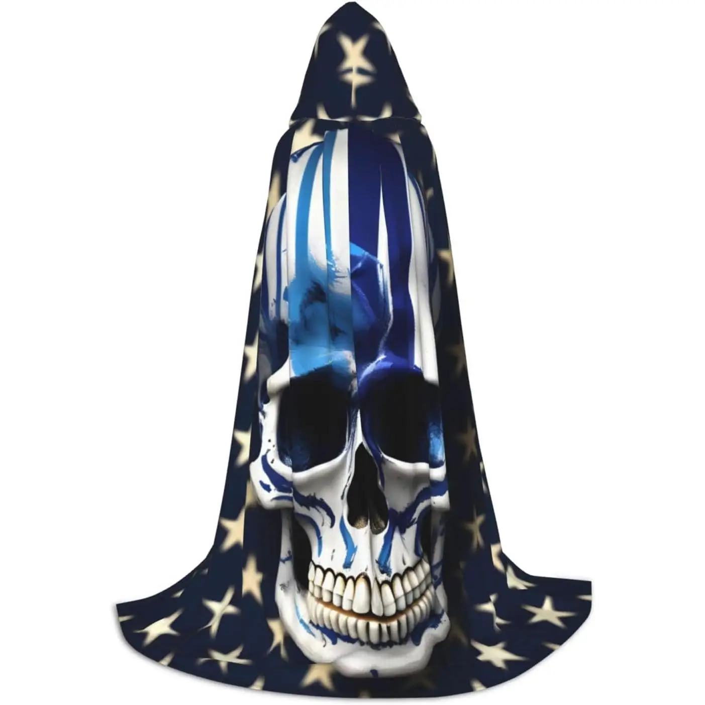 

Blue Stripe Stars Skull Print Hooded Cloak For Men Wizard Vampire And Halloween Costumes For Role Play And Parties