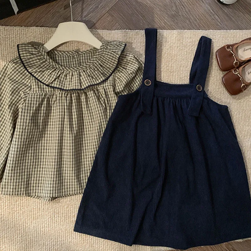 Dark Blue Corduroy Little Girls Jumper Dress Autumn Spring Suspender Toddler Corduroy Dresses With Plaid Blouse 2 To 8 Years