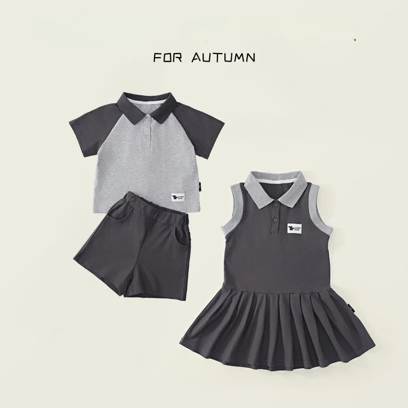 

Girls' College Style Sundress Polo Dress Summer New Children's Jk Pleated Dress Boys' Two-piece Brother and Sister Suit 2-8y