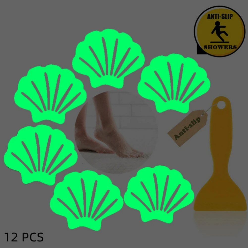 Anti Slip Shower Stickers with Premium Scraper, Bathtub Strips, Adhesive Decals, Safety Tapes, Floor Stairs, Shell Shape, 12Pcs