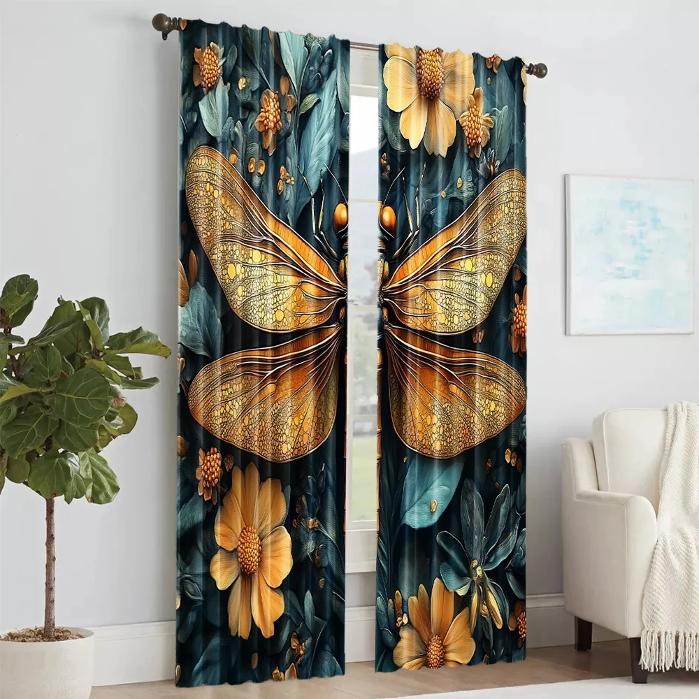 2 pcs, versatile polyester transparent curtains for home decoration Dragonfly for use in bedrooms and living rooms