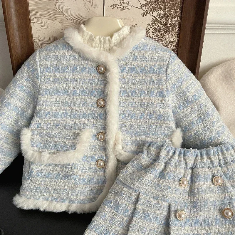 Suit Winter New Girls' Tweed Blue Small Fragrance Long-Sleeved Coat + Style Thick Skirt Two-Piece Set