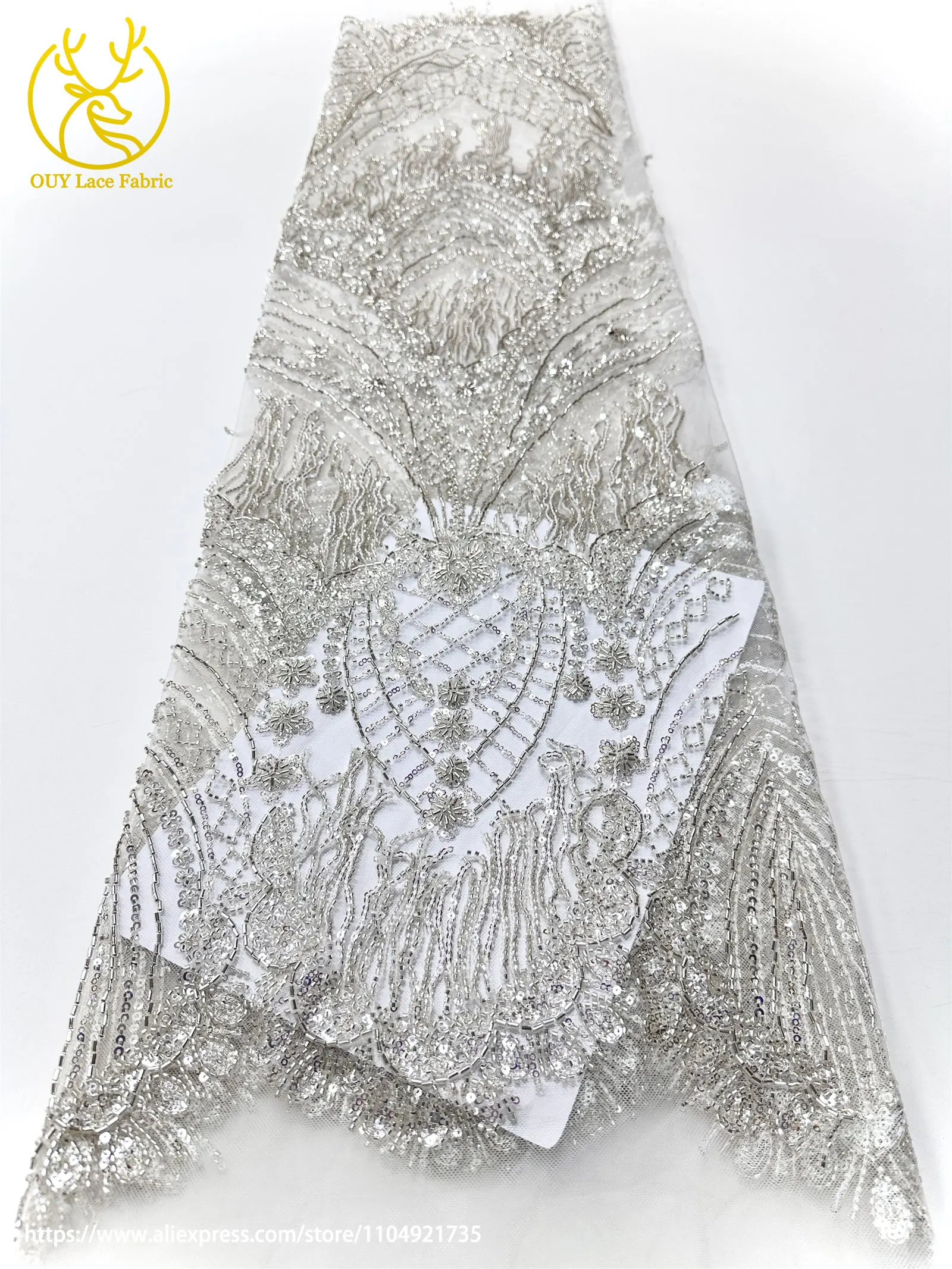 3D Luxuriöser Afrikanischer Handgefertigter Perlen-Spitzenstoff 2026 Französischer Nigerianischer Pailletten-Spitzenstoff für Brautkleider und Hochzeitskleider – Detail 15