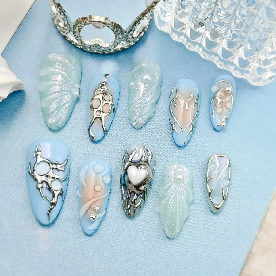 

Handmade Press On Nails, New 3D Removable Use Press-On Nails, Almond Shaped Medium To Long Style, Sticker Style, Reusable Nails,
