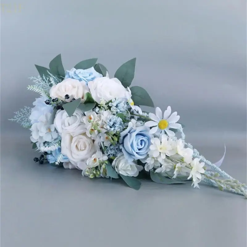 

T21F Autumn Blue Cascading Bridal Bouquet for Outdoor Wedding Ceremony Artificial Flower Bouquet for Anniversaries