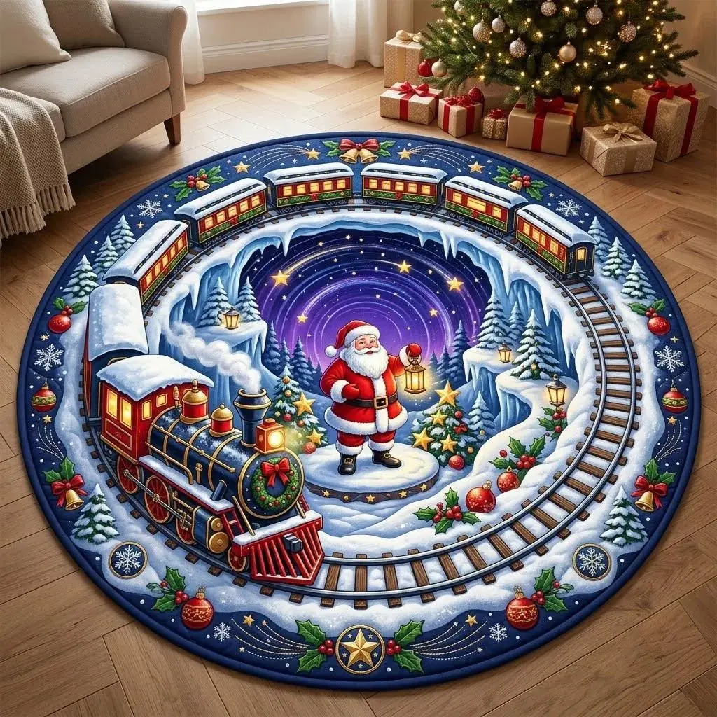 VIKAMA Christmas Train Night Sky Round Rug Soft Flannel Non-Slip Bedroom Bedside Living Room Christmas Carpet Cozy Decor Gift