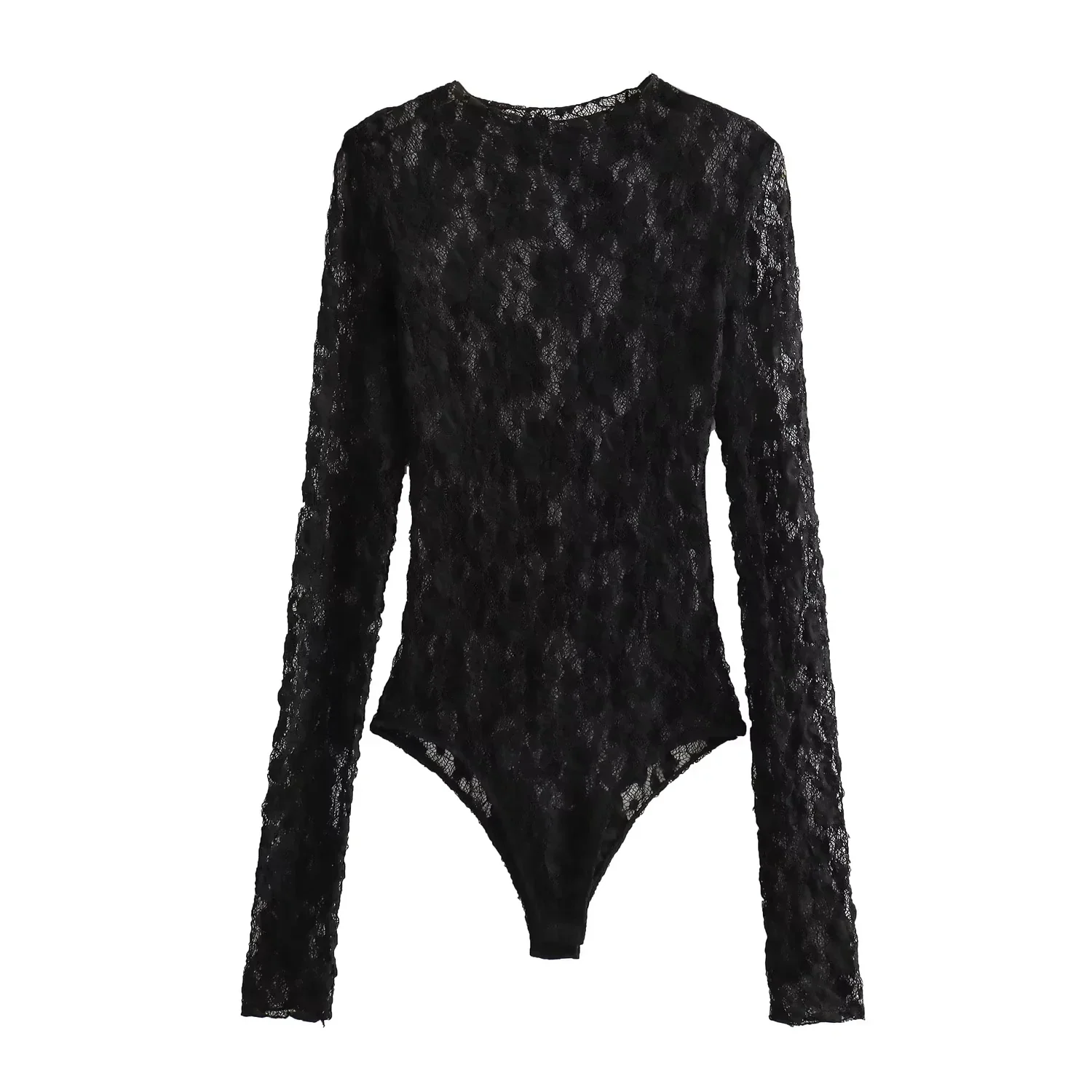 TRAF 2024 Lingeries Lace Bodysuit Semi See Through Black Bodysuit For Women One Piece Bodycon Long Sleeve Sexy Body Woman