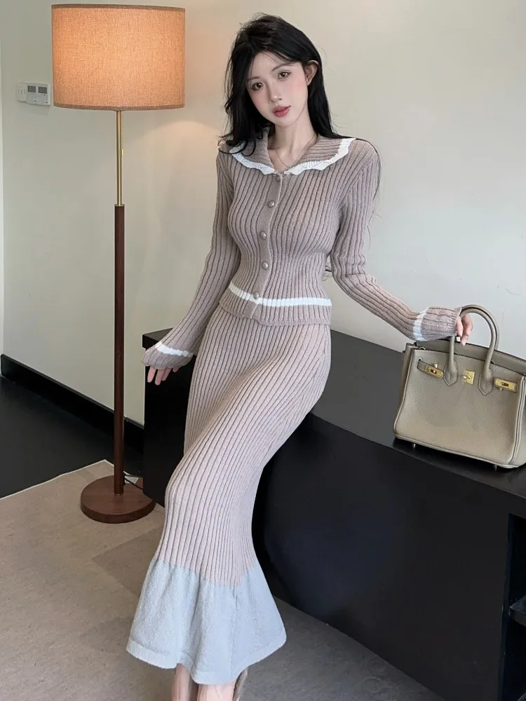Elegant V-Neck Long Sleeve Open Cardigan And High Waist  Skirt Two-Piece Set for Women Autumn Winter Fashion Korean Style