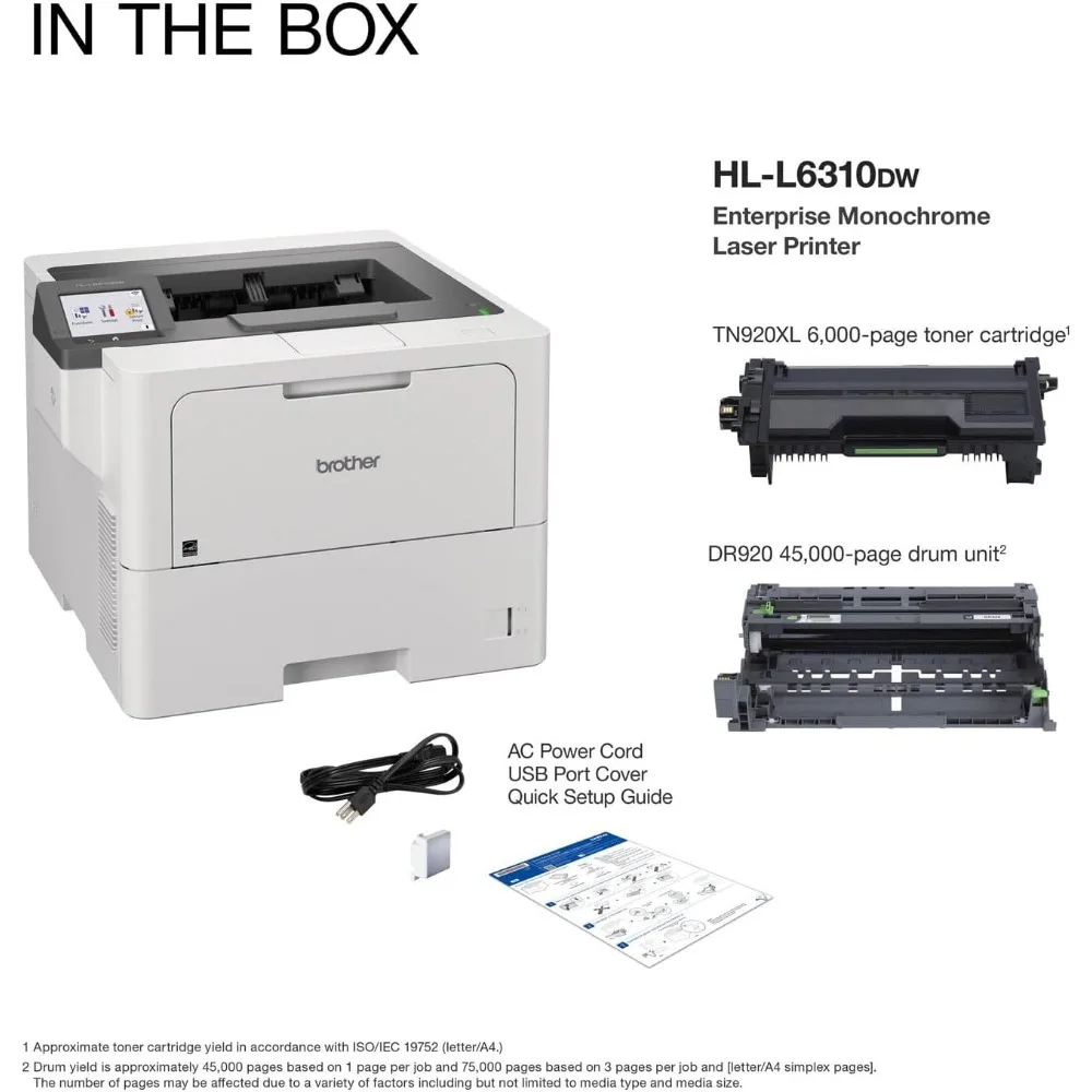 Imprimante laser monochrome d'entreprise HL-L6310DW avec impression à faible coût, réseau sans fil et grande capacité de papier