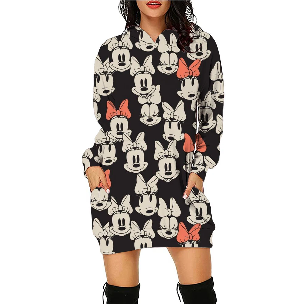 Disney Minnie Mickey Mouse print  Hoodie Dress Women\'s Daily Workout Hoodies Long Sleeve Pullover Autumn Winter Loose Dres