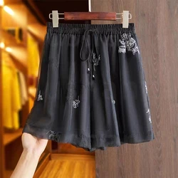 Chinese Style Women's Shorts Embroidered Jacquard Faux Silk Elastic Waist Leisure Loose Vintage Style Shorts Women's Clothing