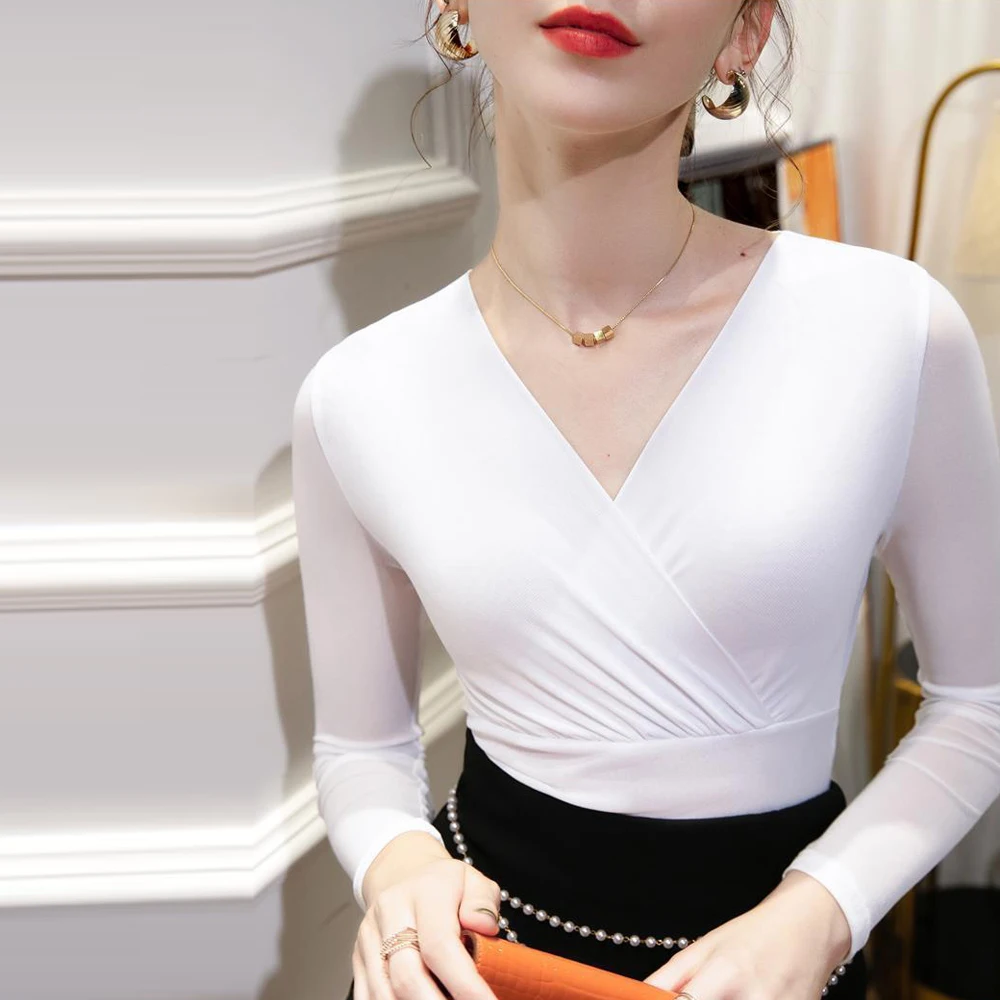 4XL New Autumn Fashion Basic V Neck Women T-shirt Long Sleeve Slim Stretch Tops Ladies Sexy Tees Peacock Red Purple Black White
